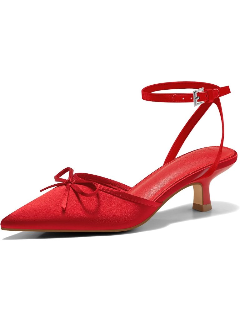 Women's Red Pump Pointed Toe Imported Comfortable Satin Kitten Low Heel
